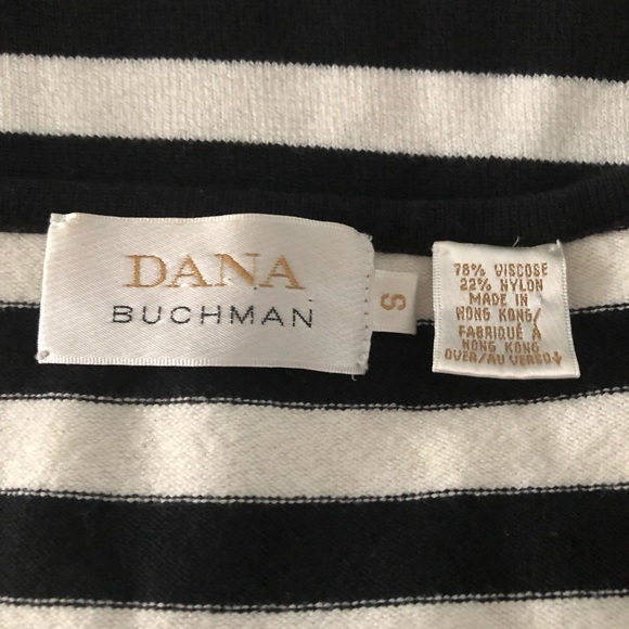 DANA BUCHMAN STRIPED BLACK & CREAM TOP SZ SMALL 3/4 SLEEVE ROUNDED V-NECK - Picture 6 of 6